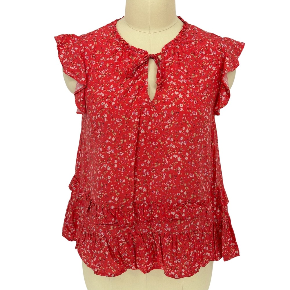 Wallflower Blouse Red Floral Ruffle Sleeve‎ Tiered 100% Rayon 1X